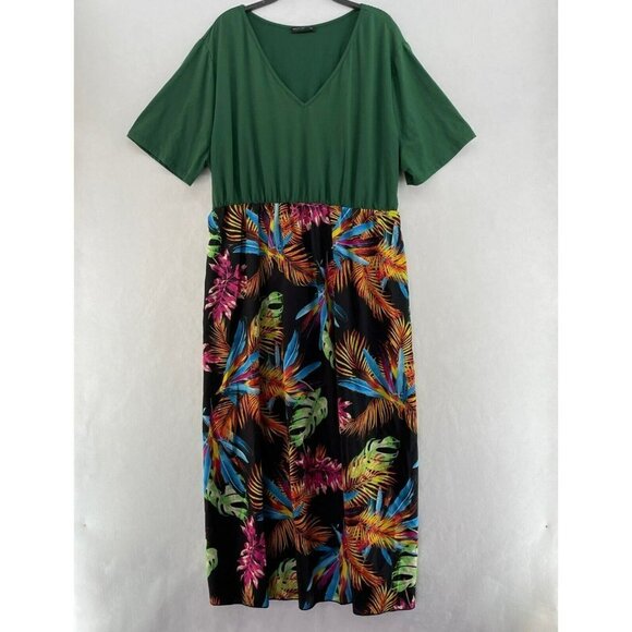 Shein Dress Sz 4XL Maxi Green Black Skirt Colorful Tropical Palm Print Stretch - Picture 1 of 11
